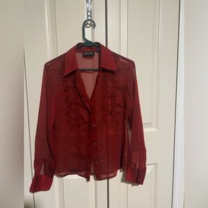 New York & Company Deep Red Sheer Blouse